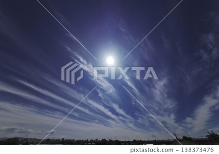 Afternoon sky with cirrus clouds and a halo - ultra-wide angle, sky-focused. 138373476