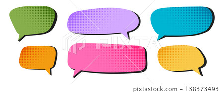 Set of colorful speech bubbles with dotted halftone shadows in corners. Dialogue clouds, chat boxes, quote balloons, offer tags, idea labels in pop art style. Vector cartoon illustration Set of colorful speech bubbles with dotted halftone shadows in corners. Dialogue clouds, chat boxes, quote balloons, offer tags, idea labels in pop art style. Vector cartoon illustration 138373493