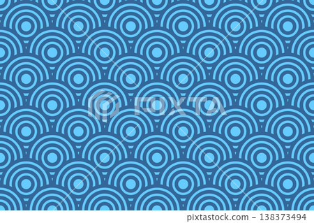 Repeated blue overlapped circles. Classic Asian style seamless pattern. Sea or ocean water background. Dragon, snake or fish scale texture. Abstract oriental ornament. Vector flat illustration 138373494