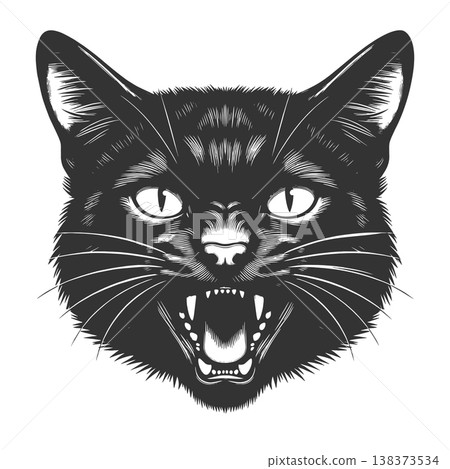 Hissing Black Cat Face engraving sketch raster Hissing Black Cat Face engraving sketch raster 138373534