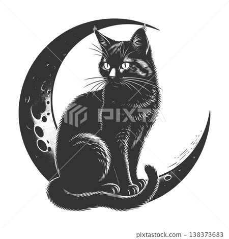 Black Cat Sitting On Crescent Moon vector 138373683