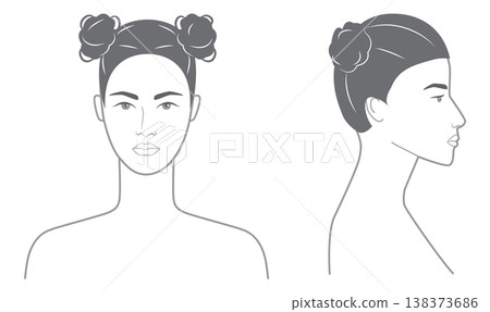 Space Buns hairstyle black white front profile views, double bun hair shape symmetrical composition for avatar,  138373686