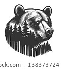 Bear Head With Forest Silhouette engraving vector 138373724