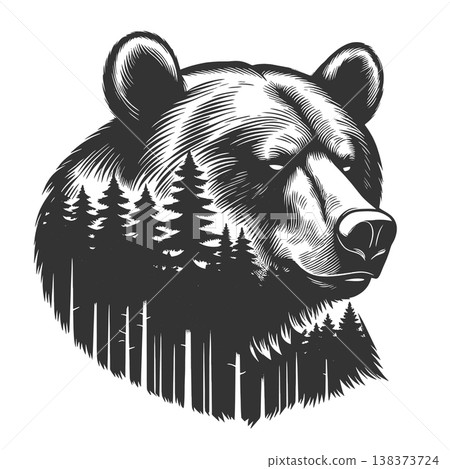 Bear Head With Forest Silhouette engraving vector Bear Head With Forest Silhouette engraving vector 138373724