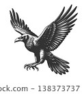 Flying Raven engraving sketch vector illustration 138373737