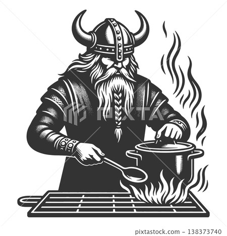 Viking Chef Cooking Over Fire vector illustration 138373740