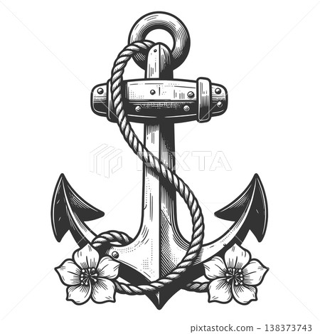 Nautical Anchor With Rope And Flowers vector Nautical Anchor With Rope And Flowers vector 138373743