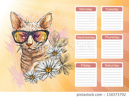 Sphynx cat with daisy flowers printable planner and school schedule vector Sphynx cat with daisy flowers printable planner and school schedule vector 138373792