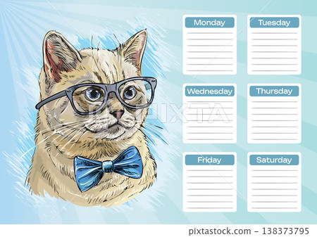 Scottish cat with bow printable planner and school schedule vector 138373795