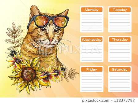 Ginger cat with flowers printable planner and school schedule vector Ginger cat with flowers printable planner and school schedule vector 138373797