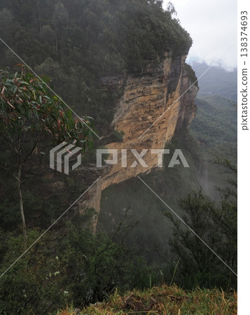 Cliffs of layered rock shrouded in mist – overlooking the deep forests of the Blue Mountains. 138374693