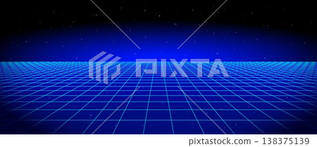 Blue glow neon wireframe background. Dark shining checkered grid floor plane in perspective. Bright retro futuristic horizon wallpaper. Arcade game sci fi matrix landscape surface. Vector backdrop Blue glow neon wireframe background. Dark shining checkered grid floor plane in perspective. Bright retro futuristic horizon wallpaper. Arcade game sci fi matrix landscape surface. Vector backdrop 138375139