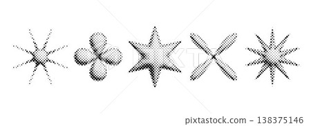 Halftone bitmap shapes set. Pixelated comic stars and flowers for poster, banner, flyer, collage, sticker. 3d dotted grain object collection. Pixel grunge element bundle. Vector graphic design pack Halftone bitmap shapes set. Pixelated comic stars and flowers for poster, banner, flyer, collage, sticker. 3d dotted grain object collection. Pixel grunge element bundle. Vector graphic design pack 138375146