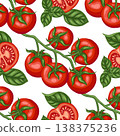 Tomato cherry branch and basil leaf vector seamless pattern. Hand drawn vegetable on white background. Organic garden food for restaurant menu design. Natural kitchen print for wallpaper and textile. 138375236
