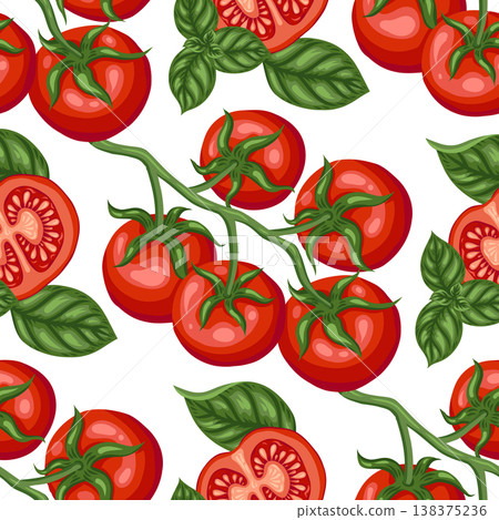 Tomato cherry branch and basil leaf vector seamless pattern. Hand drawn vegetable on white background. Organic garden food for restaurant menu design. Natural kitchen print for wallpaper and textile. 138375236