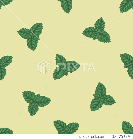 Mint leaf seamless pattern vector illustration. Hand drawn green peppermint for tea background. Organic herbal design for garden fabric ornament. Natural plant for kitchen wallpaper and textile. Mint leaf seamless pattern vector illustration. Hand drawn green peppermint for tea background. Organic herbal design for garden fabric ornament. Natural plant for kitchen wallpaper and textile. 138375239