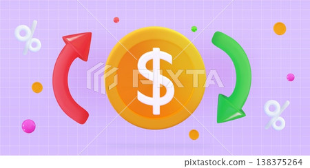 3d low price Dollar coin with arrow down and up Financial loss or growth, increase or low of revenue 138375264