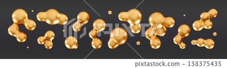 3d lava liquid blobs set Fluid 3D metaballs Abstract gold, yellow, chrome holographic spheres in flight 138375435