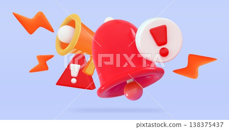 3d Emergency exclamation Bell with an exclamation mark and speaker Concept of urgent notification 3d Emergency exclamation Bell with an exclamation mark and speaker Concept of urgent notification 138375437