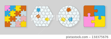 Set Jigsaw template grid 4 Puzzle blank template Separate matching puzzle elements Flat vector illustration layout, every piece is a single shape Set Jigsaw template grid 4 Puzzle blank template Separate matching puzzle elements Flat vector illustration layout, every piece is a single shape 138375676
