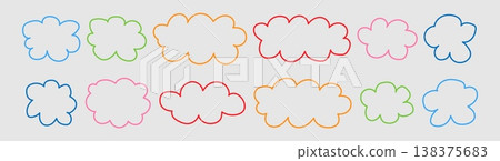 Fluffy label shape Cloud speech bubble Vector illustration set of various cloud shaped frames in colorful pastel colors Fluffy label shape Cloud speech bubble Vector illustration set of various cloud shaped frames in colorful pastel colors 138375683