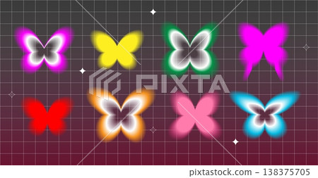 Aura butterfly blurred Y2k set with gradient rainbow wings, pink blurred effects, neon green and blue colors 138375705