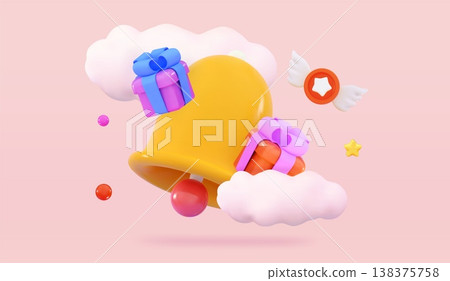 3D bell and gift box Notification of sales Discounts for online shopping Promo codes Gift certificates Holiday sale concept 138375758