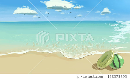 A hand-drawn scene of a dazzling, sun-drenched summer beach with a watermelon beach ball. A hand-drawn scene of a dazzling, sun-drenched summer beach with a watermelon beach ball. 138375893