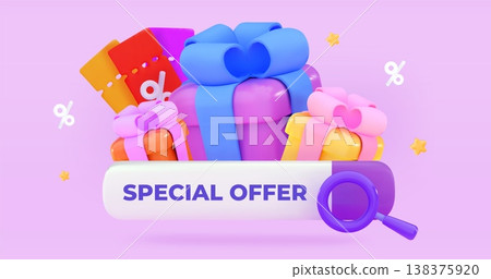 3d special offer Large gift box with discount coupons Discounts for online shopping Promo codes Gift certificates Holiday sale concept 138375920