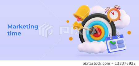 3d Dart arrow hit the center of target Marketing time concept Business finance target Goal of success Calendar, clock and bell notification 3d Dart arrow hit the center of target Marketing time concept Business finance target Goal of success Calendar, clock and bell notification 138375922