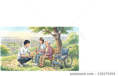 家人照顧一位老婦人；老年人和照顧者在公園休息；居家照護和福利的景象。 138375959