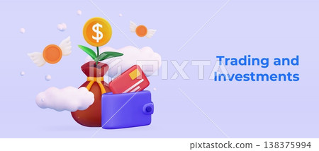 3D stock trading concept Sell and buy money cash and exchange with finance business Earning investment Pouch Money bag and wallet 138375994