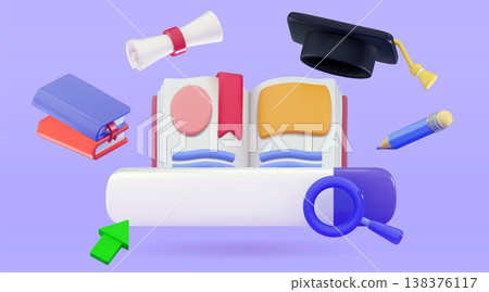 3D open book with a search bar, a graduate hat, pencil, and diploma Study or Search for book or literature concept 3D open book with a search bar, a graduate hat, pencil, and diploma Study or Search for book or literature concept 138376117