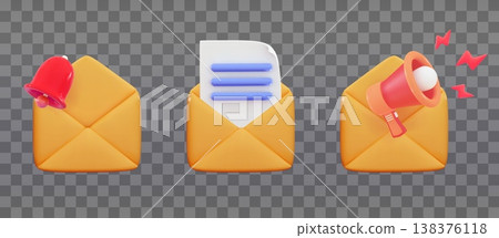 3D Open envelope set White volumetric sheet of paper with blue text Realistic symbol communication Business news Alert incoming message 138376118