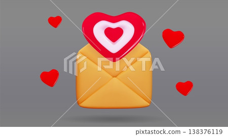 3d Love message envelope Romantic mail Valentine Day messenger symbol Vector realistic illustration of letters open with heart shape signs 138376119