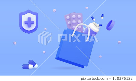 3d online pharmacy Bag with bottle and scattered pills and capsules Buy medical pills shopping concept 3d icon vector render illustration 138376122