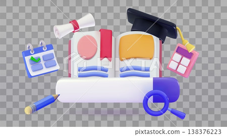 3D open book with a search bar with magnifying glass, graduate hat, calculator, calendar and diploma Study or Search for book or literature concept 3D open book with a search bar with magnifying glass, graduate hat, calculator, calendar and diploma Study or Search for book or literature concept 138376223