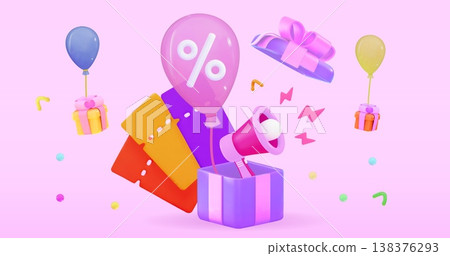 Purple gift surrounded by discount coupons and balloons Christmas and exclusive benefits concept Purple gift surrounded by discount coupons and balloons Christmas and exclusive benefits concept 138376293