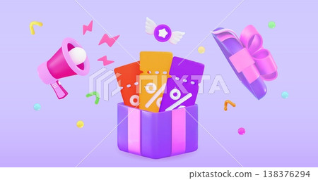 Purple gift surrounded by discount coupons Christmas and exclusive benefits concept Purple gift surrounded by discount coupons Christmas and exclusive benefits concept 138376294