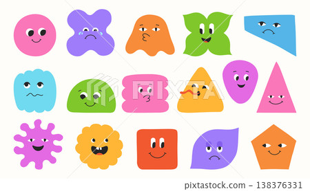 Abstract geometric characters set colorful shapes expressive comic playful childish smiling faces Abstract geometric characters set colorful shapes expressive comic playful childish smiling faces 138376331
