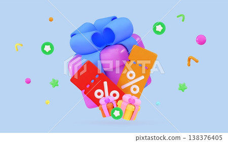 Gifts surrounded by discount coupons Christmas and exclusive benefits concept 138376405