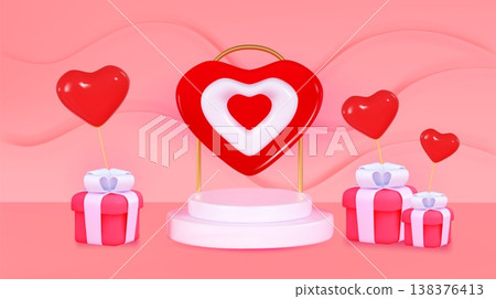 Podium with hearts Valentine day scene for product display presentation Minimal three-dimensional 3D render background Podium with hearts Valentine day scene for product display presentation Minimal three-dimensional 3D render background 138376413