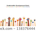 SDGs Image: Flat illustration of hands of people around the world and 17 colored hearts 138376444