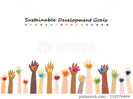SDGs Image: Flat illustration of hands of people around the world and 17 colored hearts SDGs Image: Flat illustration of hands of people around the world and 17 colored hearts 138376444