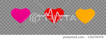 Set of 3D heart shapes, red, yellow, pink, and heartbeat line Happy Valentine's Day concept Minimal three-dimensional 3d rendering vector illustration Set of 3D heart shapes, red, yellow, pink, and heartbeat line Happy Valentine's Day concept Minimal three-dimensional 3d rendering vector illustration 138376478