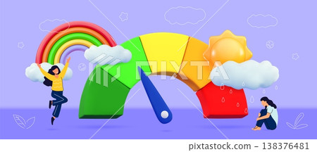 3d meteorology Search weather forecast Sun and stars, rainbow and fluffy clouds Nature plasticine objects, render cartoon style design Vector illustration 138376481