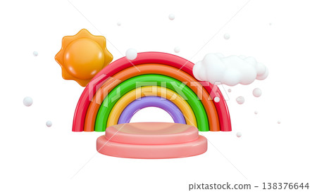 Children 3d background, rainbow, podium and white bubbles clouds Marketing, advertising poster Minimal three-dimensional 3D render illustration Children 3d background, rainbow, podium and white bubbles clouds Marketing, advertising poster Minimal three-dimensional 3D render illustration 138376644