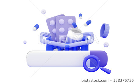 3D Medicine Research Search bar and shopping basket Minimal three-dimensional 3D render illustration 138376736