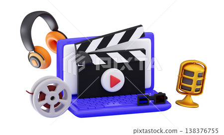 3d Online cinema movie concept or podcast Computer, microphone, headphones, popcorn, firecracker 3d Online cinema movie concept or podcast Computer, microphone, headphones, popcorn, firecracker 138376755