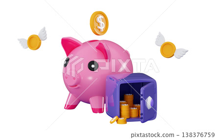 Piggy bank and safe Vault or Safe box with coin stacks Money-saving and stored money concept Piggy bank and safe Vault or Safe box with coin stacks Money-saving and stored money concept 138376759